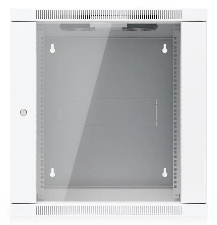 Fully assembled wall-mount rack with built-in fans and removable panels, engineered for easy equipment access and space-efficient