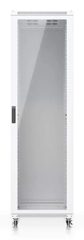 Fully assembled floor rack with built-in fans, removable panels, and lockable casters, engineered for optimal airflow, heavy-duty
