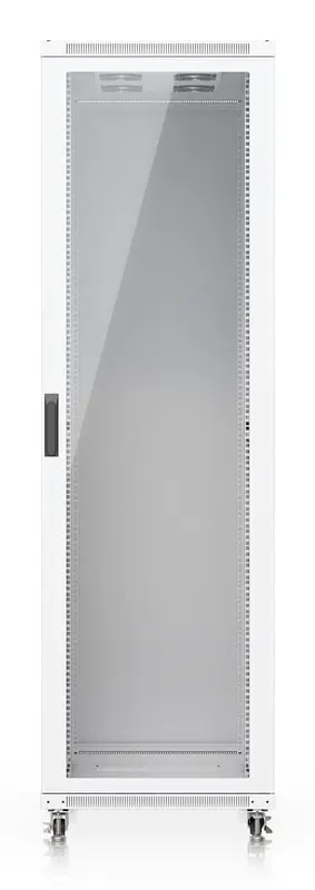 Fully assembled floor rack with built-in fans, removable panels, and lockable casters, engineered for optimal airflow, heavy-duty