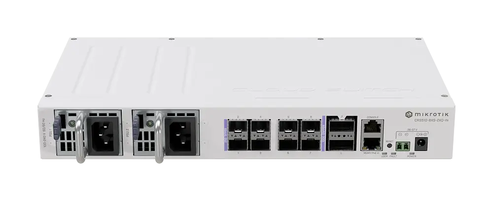 Cloud Router Switch CRS510-8XS-2XQ-IN, 2x 100G QSFP28, 8x 25G SFP28, 1x 100MB RJ45